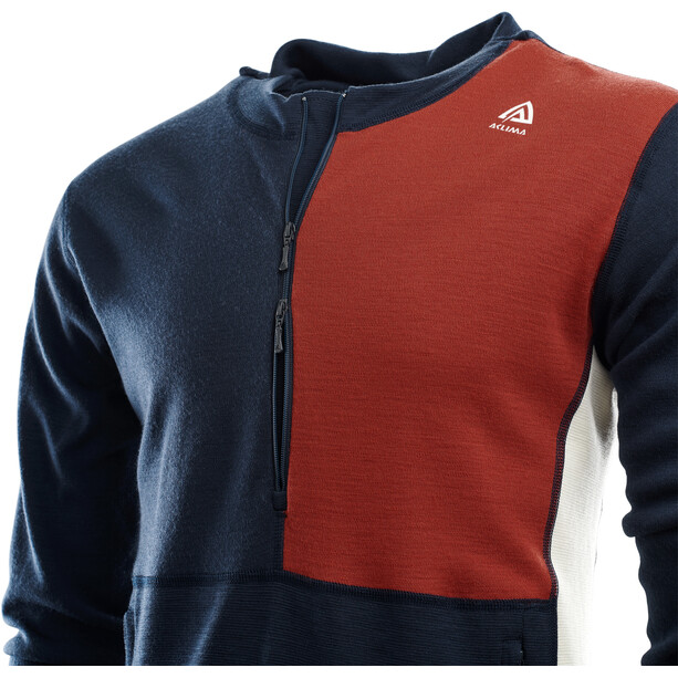 Aclima WarmWool Hood Sweater with Zip Men navy blazer/red ochre/nature