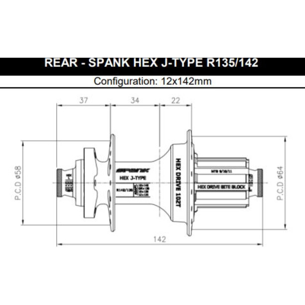 Spank Hex Drive 102T Rear Hub 12x135/142mm Shimano HG
