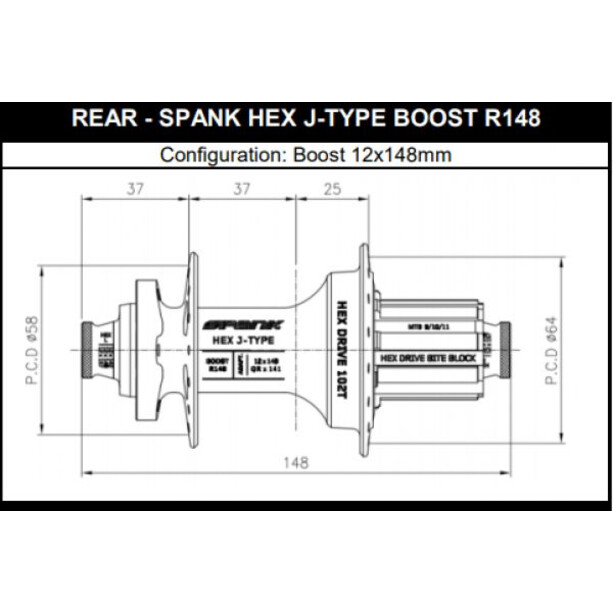 Spank Hex Drive 102T Hinterradnabe 12x148mm E-Plus 11/12-fach SRAM XD schwarz