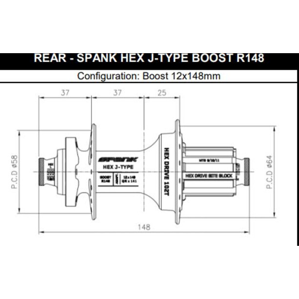 Spank Hex Drive 102T Mozzo posteriore 12x148mm E-Plus SRAM XD, blu